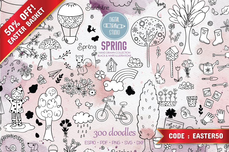 spring-season-doodles-gardening-bugs-bicycle-birds-flowers