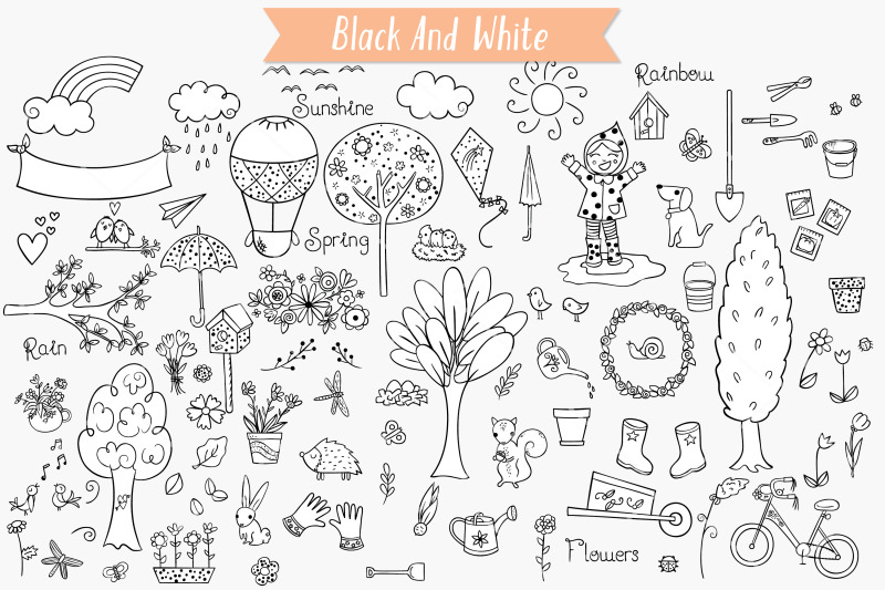 spring-season-doodles-gardening-bugs-bicycle-birds-flowers