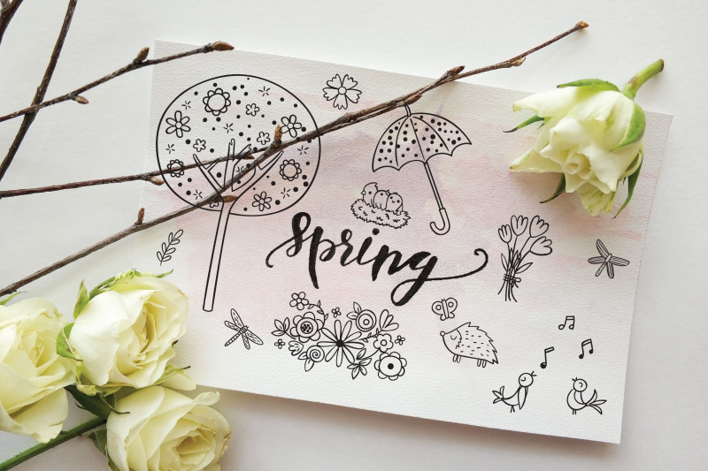 spring-season-doodles-gardening-bugs-bicycle-birds-flowers