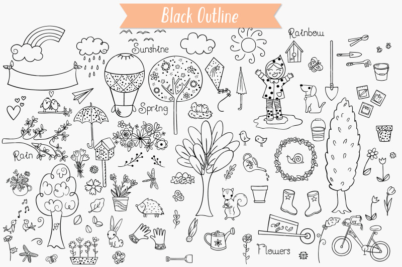 spring-season-doodles-gardening-bugs-bicycle-birds-flowers