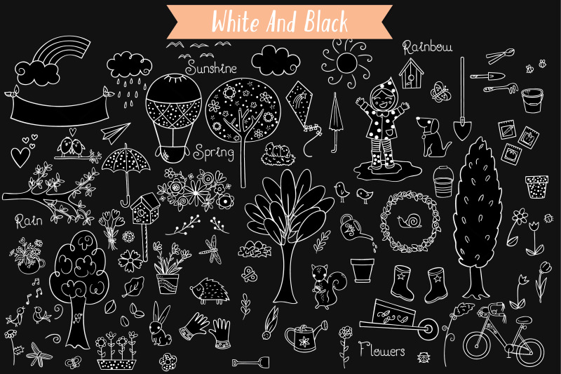 spring-season-white-doodles-gardening-bugs-bicycle-birds-flowers