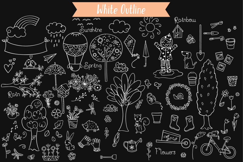 spring-season-white-doodles-gardening-bugs-bicycle-birds-flowers