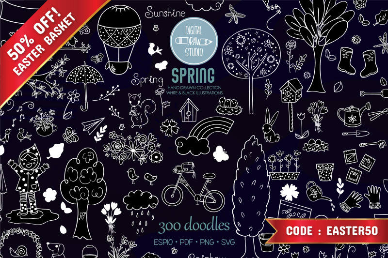 spring-season-white-doodles-gardening-bugs-bicycle-birds-flowers