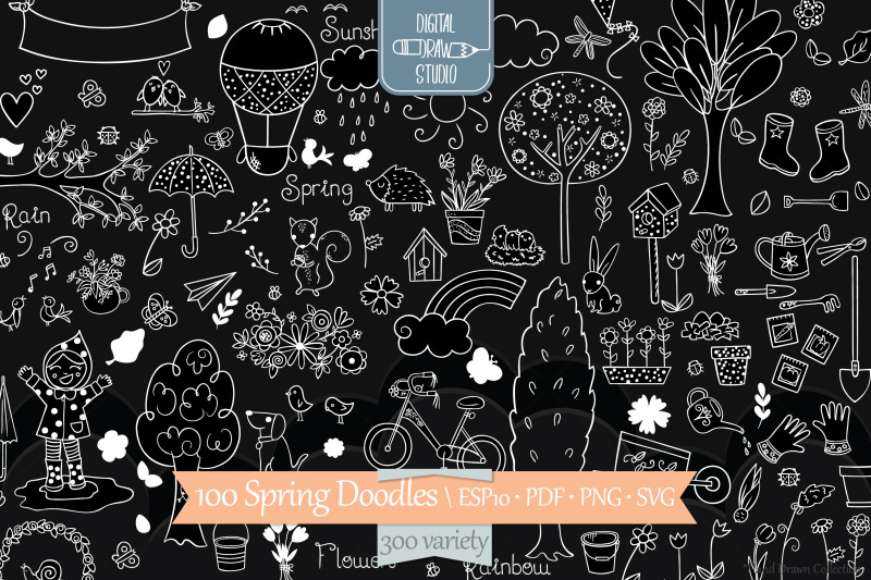 spring-season-white-doodles-gardening-bugs-bicycle-birds-flowers