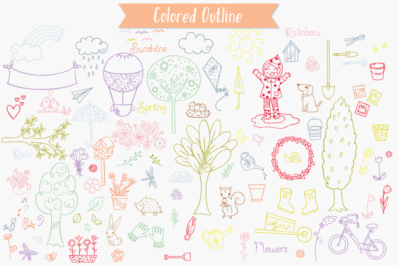 spring-season-color-doodles-gardening-bugs-bicycle-birds-flowers