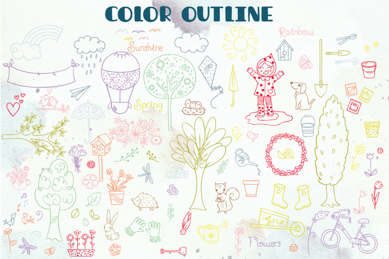 spring-season-color-doodles-gardening-bugs-bicycle-birds-flowers
