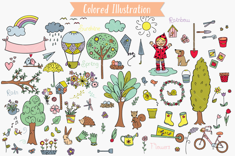 spring-season-color-doodles-gardening-bugs-bicycle-birds-flowers