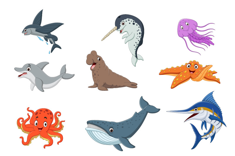 set-of-nineteen-cute-cartoon-ocean-animal