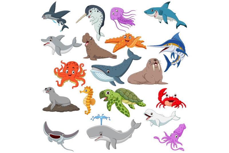 set-of-nineteen-cute-cartoon-ocean-animal