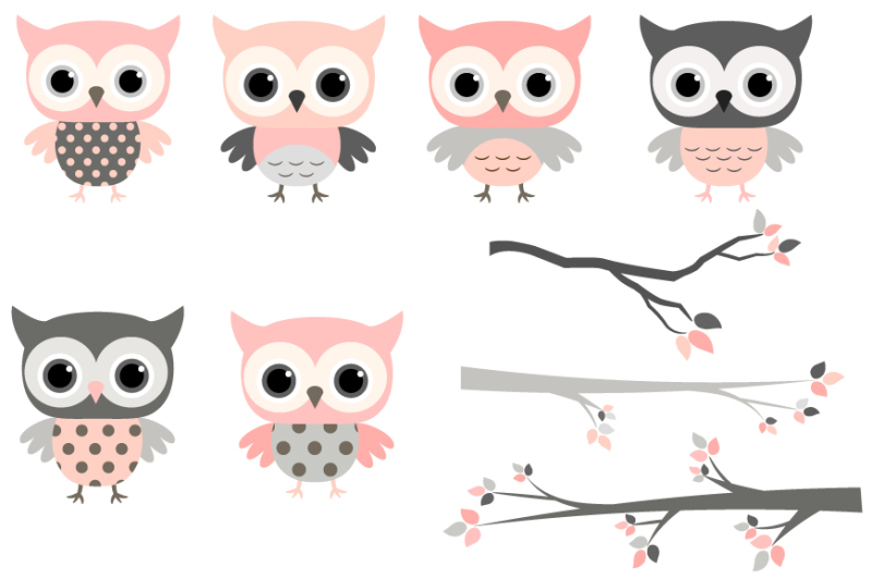 pink-and-grey-owls-set-cute-owl-clipart-kawaii-owls-clip-art-girl-owls-on-branches-baby-shower-clipart