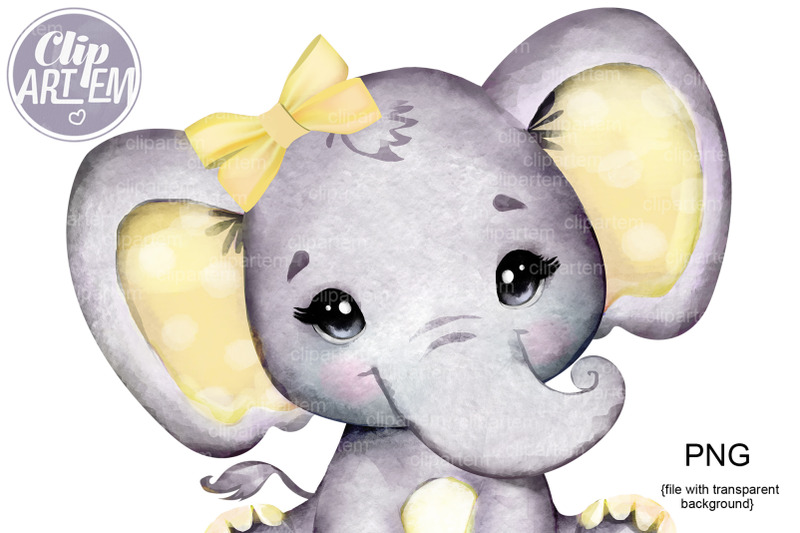 cute-baby-girl-elephant-with-yellow-bow-and-ears-png-clip-art