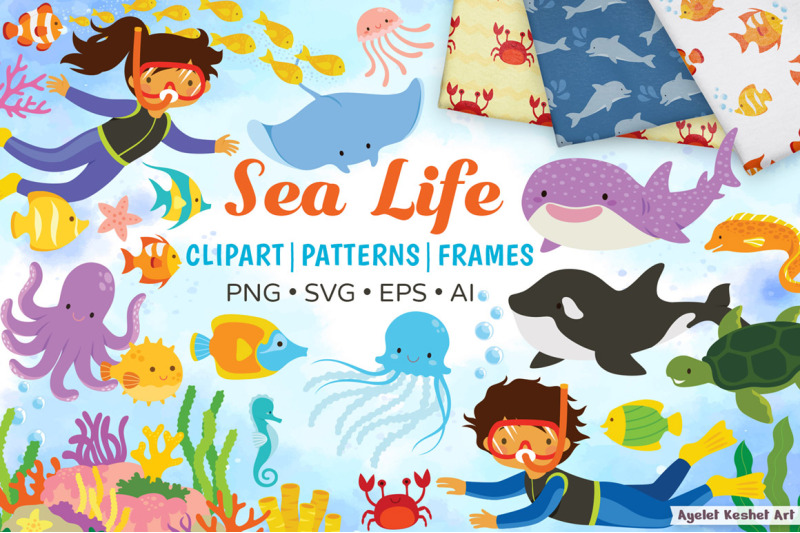 sea-life-clipart-bundle-animals-kids-patterns-and-frames