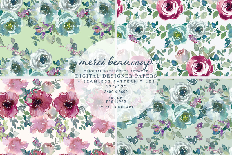 watercolor-mint-mauve-taupe-floral-seamless-patterns