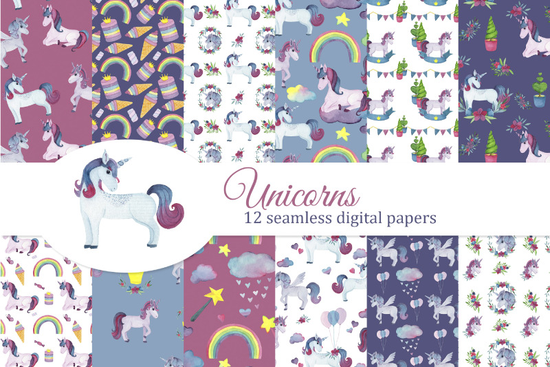 unicorns-digital-papers-set-seamless-pattern-rainbow-hearts-stars