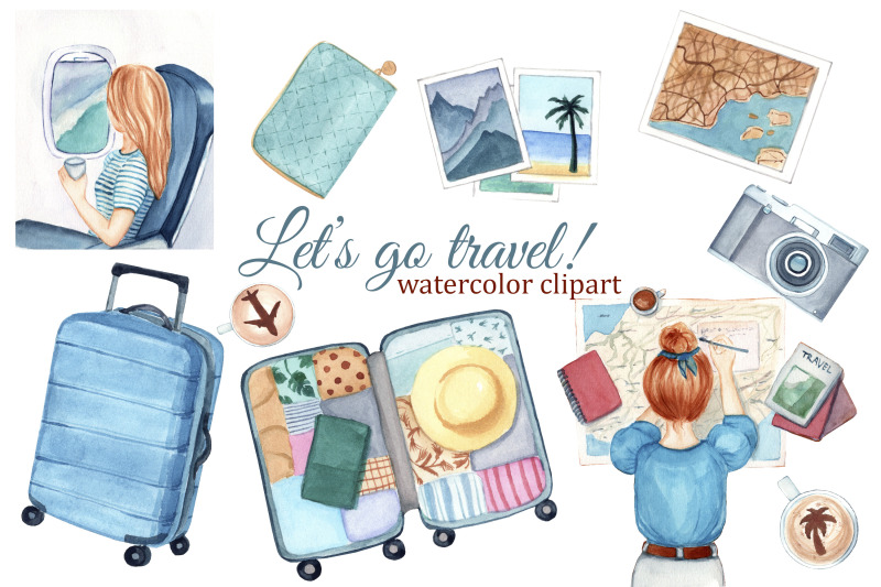 travel-girl-watercolor-clipart-fashion-clipart-summer-clipart-suitc