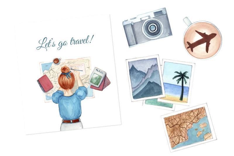 travel-girl-watercolor-clipart-fashion-clipart-summer-clipart-suitc