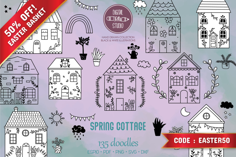 spring-cottage-doodles-home-nature-cute-house-flower-plants