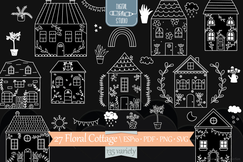floral-cottage-white-doodles-home-nature-cute-house-flower-plant