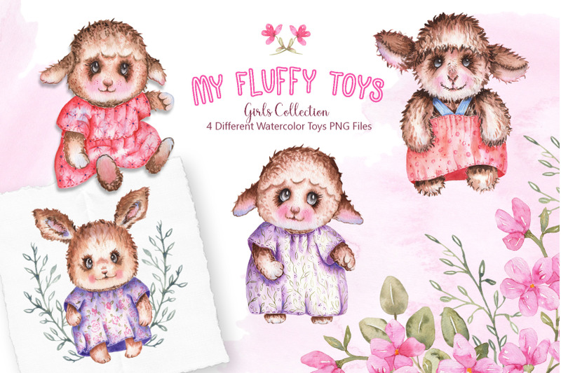 watercolor-fluffy-toys-girls-set