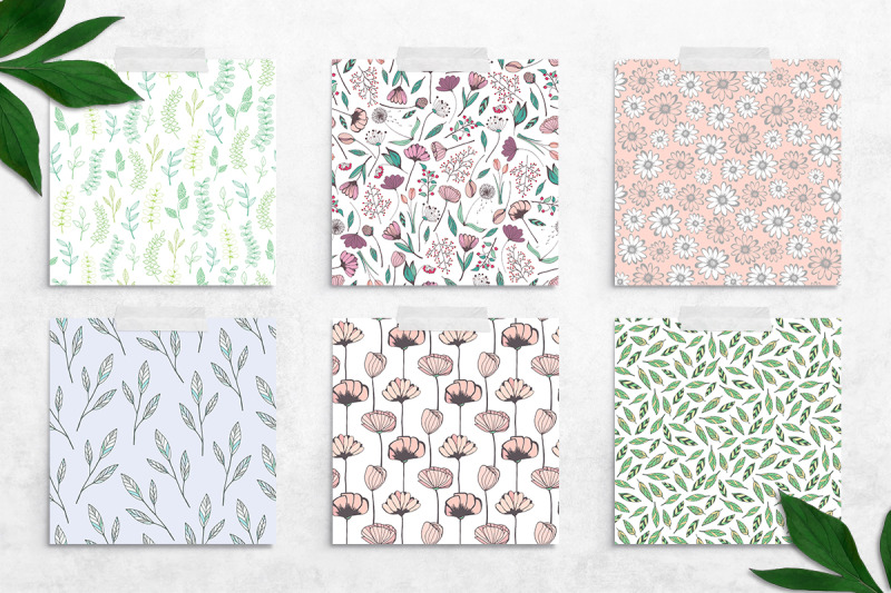 hand-drawn-floral-elements-seamless-patterns-digital-papers