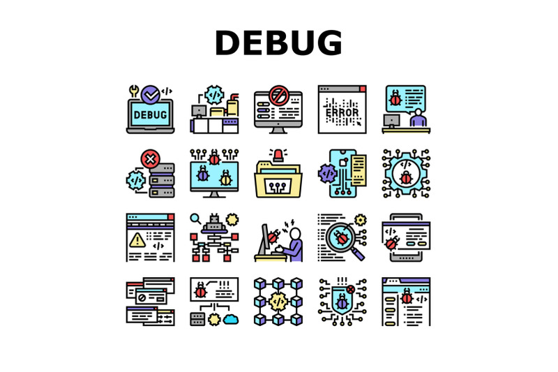 debug-research-and-fix-collection-icons-set-vector