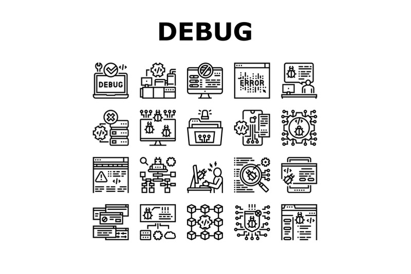 debug-research-and-fix-collection-icons-set-vector