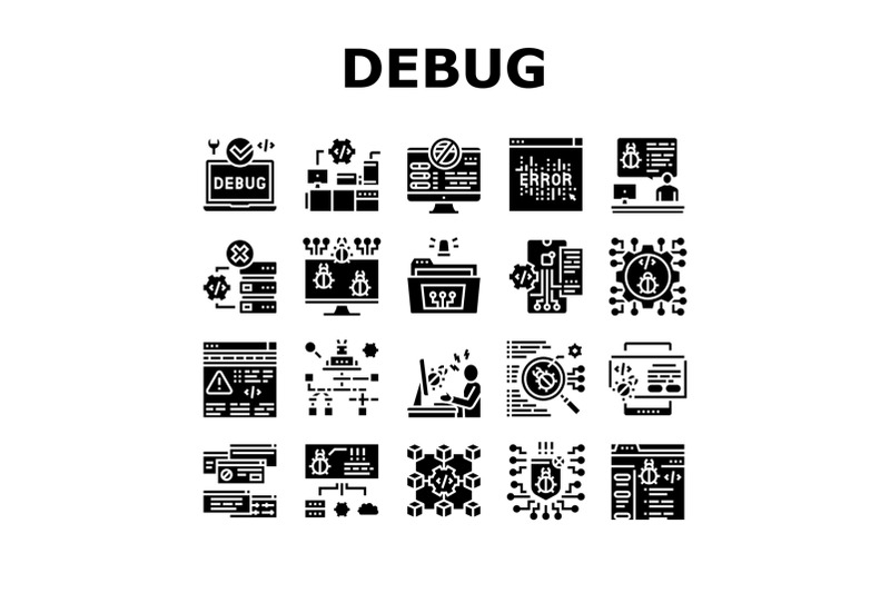 debug-research-and-fix-collection-icons-set-vector