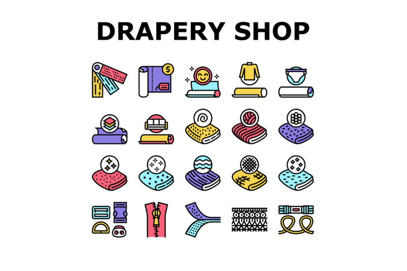 drapery-shop-sale-collection-icons-set-vector