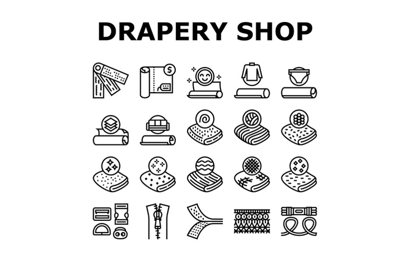 drapery-shop-sale-collection-icons-set-vector