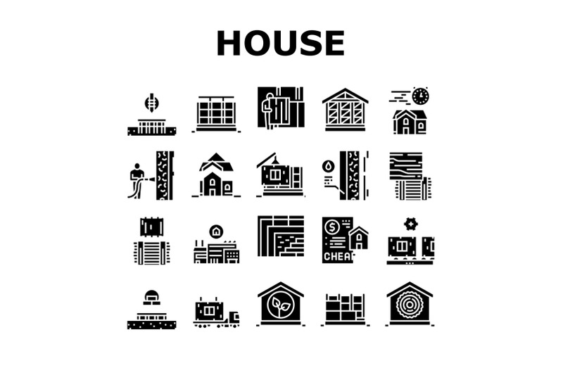 timber-frame-house-collection-icons-set-vector