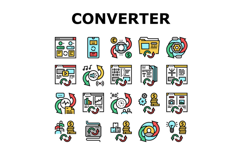 converter-application-collection-icons-set-vector