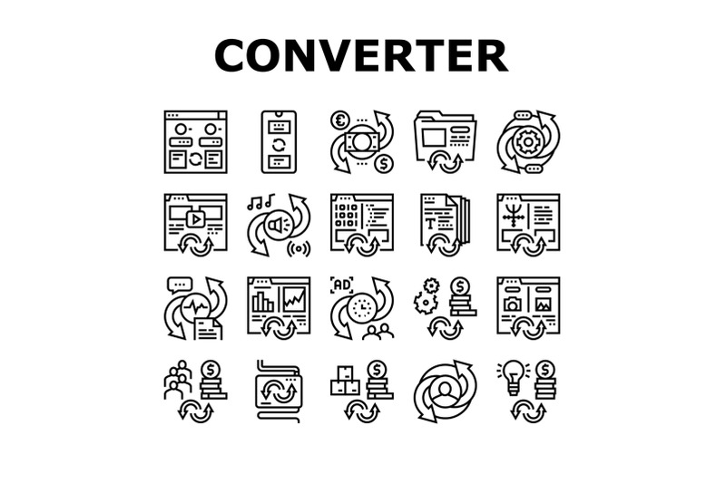 converter-application-collection-icons-set-vector