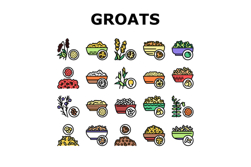 groats-natural-food-collection-icons-set-vector