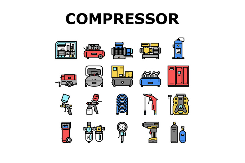 air-compressor-tool-collection-icons-set-vector