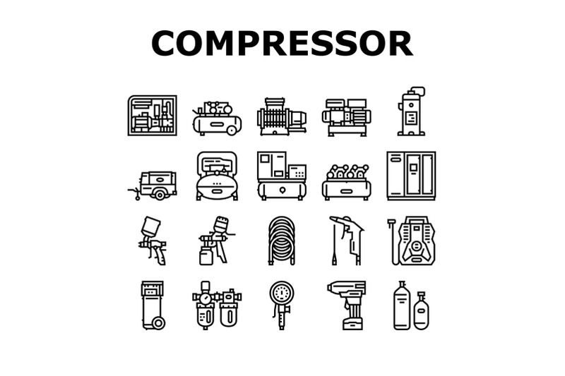 air-compressor-tool-collection-icons-set-vector