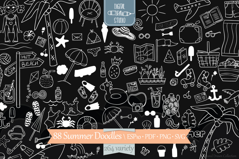 summer-season-beach-coconut-tree-sun-ice-cream-white-doodles