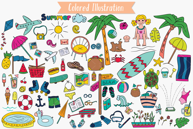 summer-season-beach-coconut-tree-sun-ice-cream-color-doodles