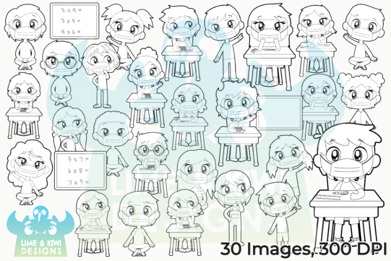 school-kids-with-face-masks-digital-stamps-lime-and-kiwi-designs