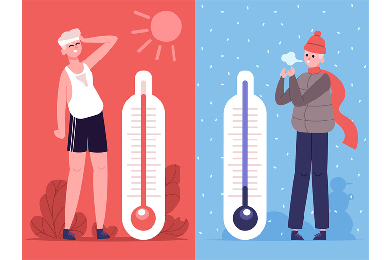 man-in-hot-and-cold-weather-outdoor-temperature-thermometers-weather