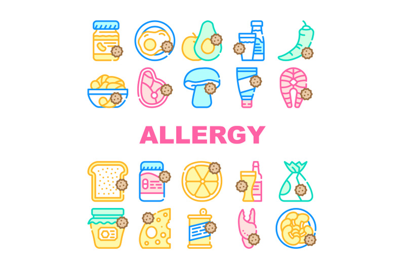 allergy-on-products-collection-icons-set-vector