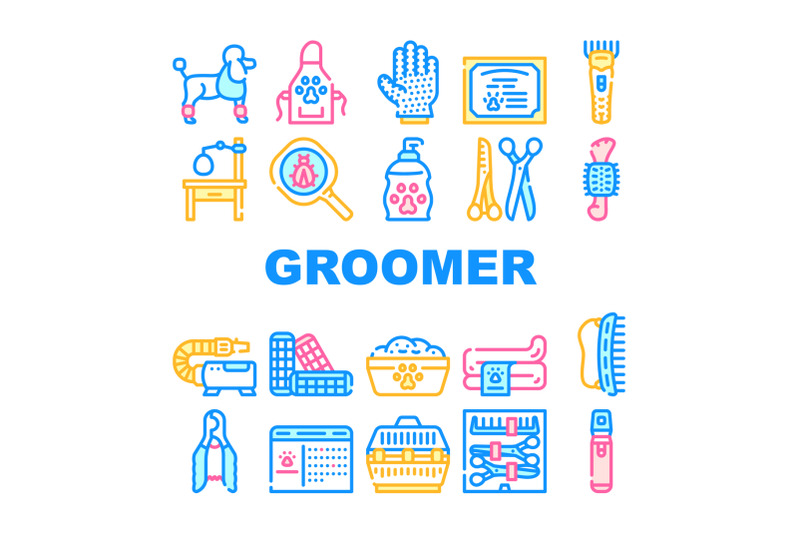 groomer-pet-service-collection-icons-set-vector