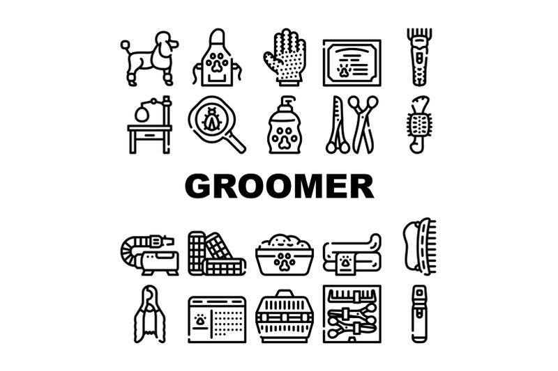 groomer-pet-service-collection-icons-set-vector