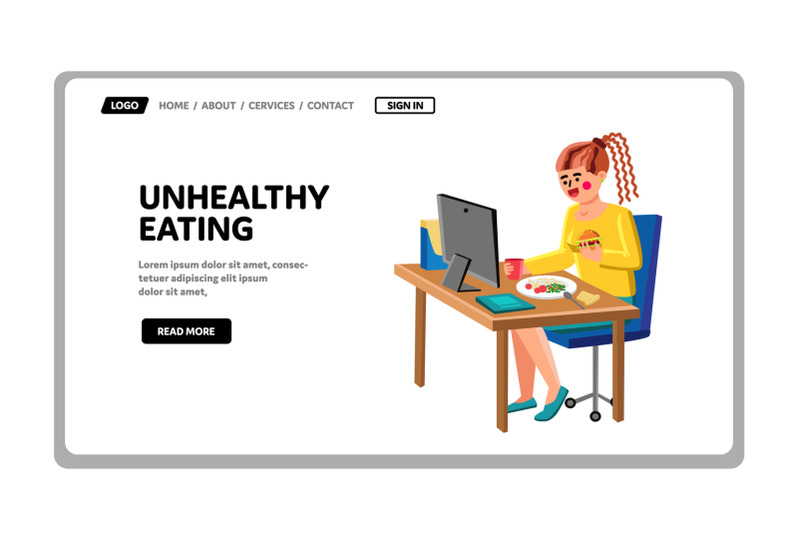 unhealthy-eating-lunch-at-computer-table-vector