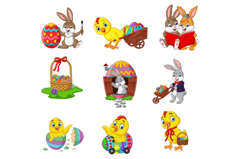 set-of-cartoon-easter-bunnies-with-chick