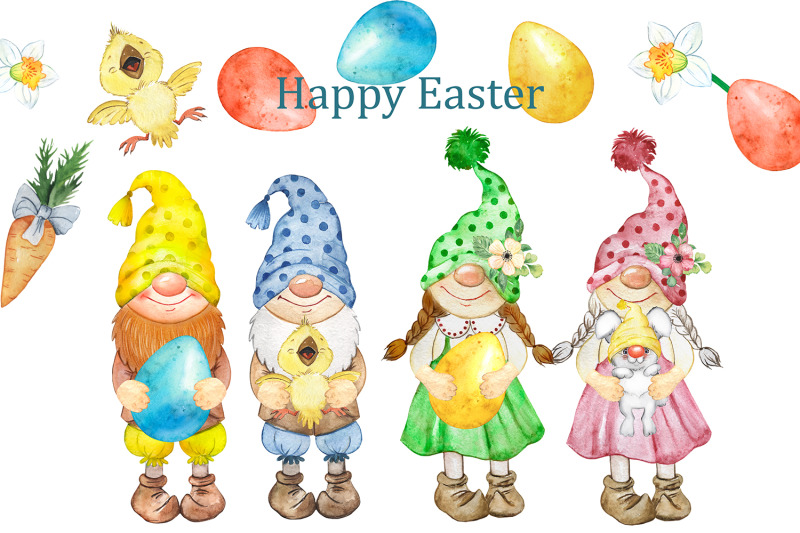 happy-easter-watercolor-clipart-easter-gnomes-with-rabbit-and-chick