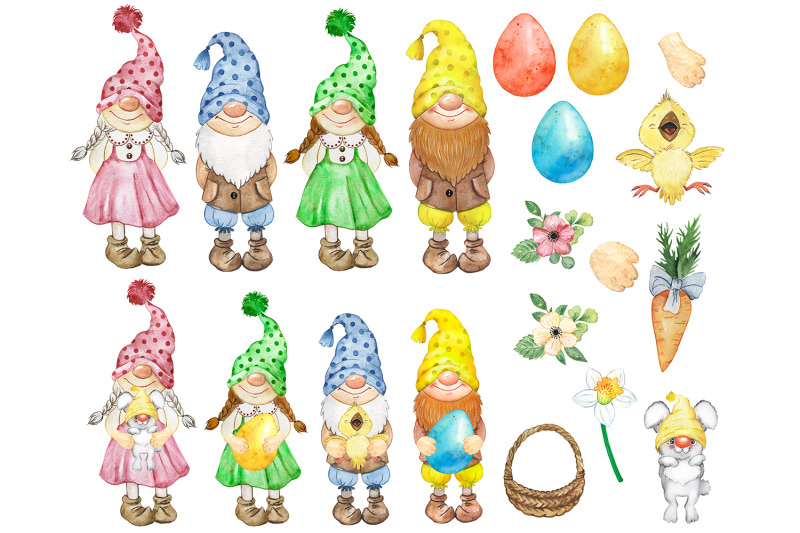 happy-easter-watercolor-clipart-easter-gnomes-with-rabbit-and-chick