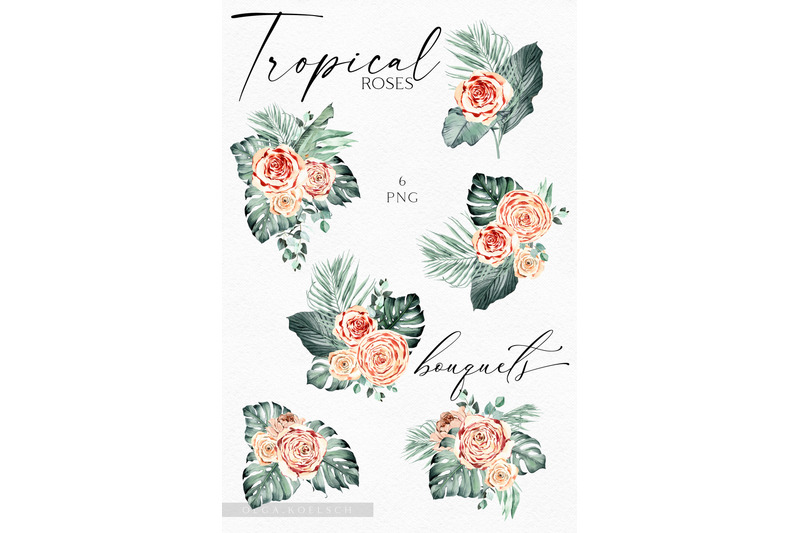 boho-tropical-flowers-clipart-watercolor-boho-roses-bouquets-palms