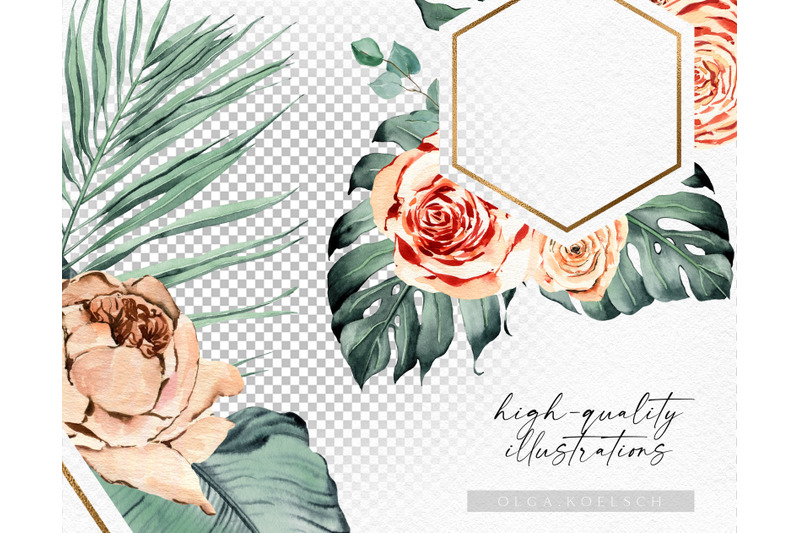 boho-tropical-flowers-clipart-watercolor-boho-roses-and-palm-leaves