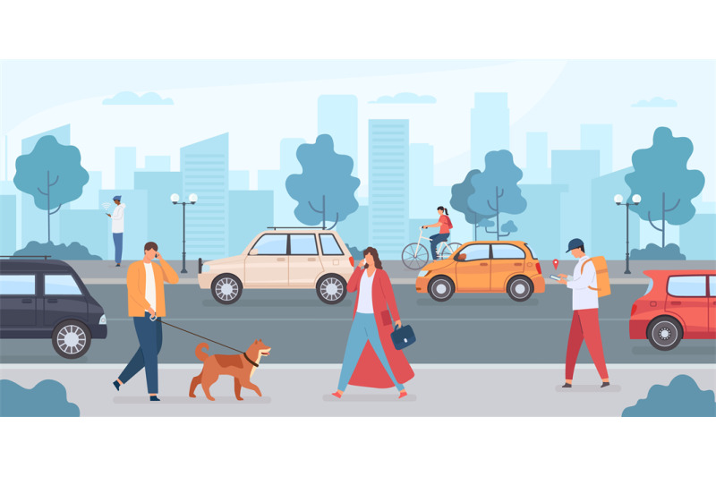 cars-on-city-road-people-walking-with-dog-and-riding-bike-on-street