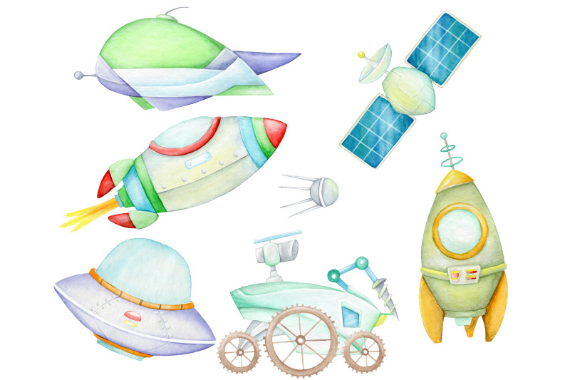 space-animals-astronaut-watercolor-clipart-planet-clip-art-rocket